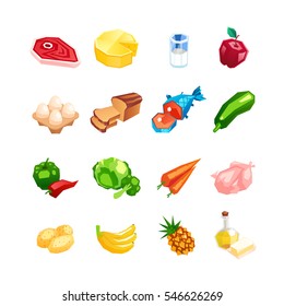 Everyday food products. Icons of vegetables, fruits and meat isolated on a white background. Icons of healthy food in a cartoon style. Vector illustration.