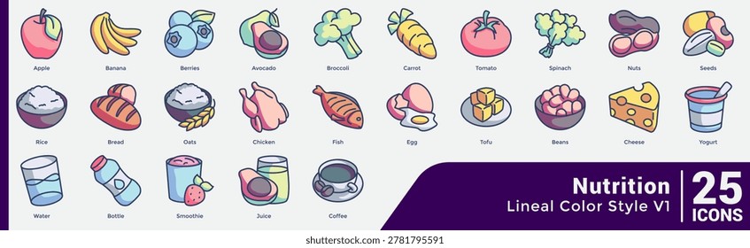 Everyday Foods Bundle includes 25 icons for fruits, staples, proteins, and drinks. Lineal Color style.