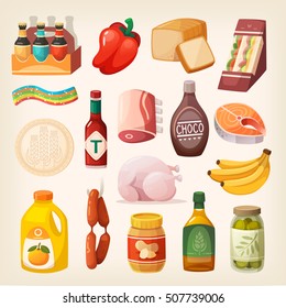 Everyday goods and food products and to buy at butcher, grocery store, liquor store and at supermarket. Isolated eating icons for healthy lifestyle. Canned and packed food and desserts