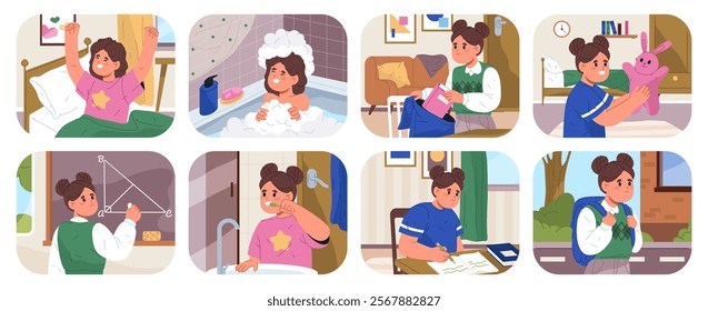 Everyday habits of schoolgirl. Vector in flat style, cute girl character waking up and showering, brushing teeth and walking to school, preparing for lessons and answering questions by blackboard