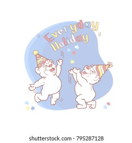 Everyday Holiday card with two cute bears in party hats. Vector illustration.