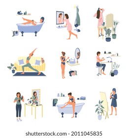 Everyday home beauty routine flat set of women taking bath blow drying hair doing hair removal manicure and make up isolated vector illustration