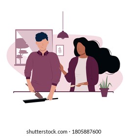 Everyday home routine, daily life. Multi ethnic couple. Different nationalities and cultures. Happy family is cooking in the kitchen. Isolated vector illustration in cartoon style