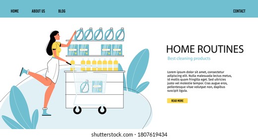 Everyday home routine, daily life, shopping scene. Young woman choosing buying best professional cleaning product at shop showcase for housekeeping house improvement. Landing page design template