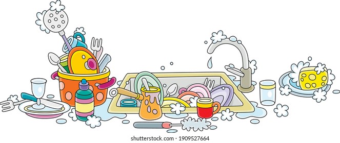 Everyday homework, dishes, pans, forks and spoons washed with liquid soap on a kitchen table and in a sink after dinner, vector cartoon illustration on a white background