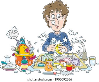 Everyday homework, a funny young man washing dishes, pans, forks and spoons with liquid soap in his kitchen after dinner, vector cartoon illustration on a white background