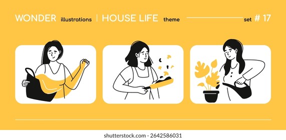 Everyday house life - line design style illustration