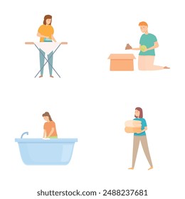 Everyday household chores collection, a modern illustrated vector set depicting domestic tasks. Cleaning. Cooking