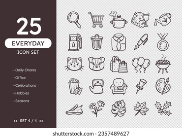 Everyday icon set. Hand-drawn daily life icons, perfect for calendars and diary. Doodle style. Daily chores, pets, party, seasons and celebrations. 25 icons. Set 4 of 4.