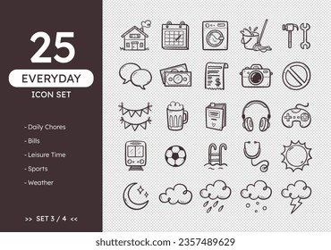 Everyday icon set. Hand-drawn daily life icons, perfect for calendars and diary. Doodle style. Daily chores, bills, hobbies, weather forecast... 25 icons. Set 3 of 4.