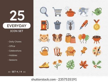 Everyday icon set. Hand-drawn daily life icons, perfect for calendars and daily planners. Colorful style. Daily chores, pets, party, seasons and celebrations. 25 icons. Set 4 of 4.