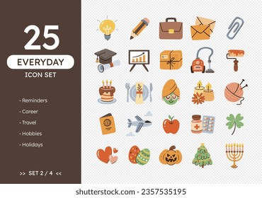 Everyday icon set. Hand-drawn daily life icons, perfect for calendars and daily planners. Colorful style. Appointments, hobbies, holidays, work, and travel. 25 icons. Set 2 of 4.