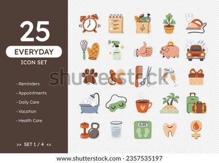 Everyday icon set. Hand-drawn daily life icons, perfect for calendars and daily planners. Colorful style. Appointments, daily care, and daily chores. 25 icons. Set 1 of 4.