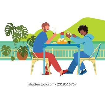 Everyday Inclusion: Embracing Diversity in Daily Life - Romantic Morning: White and Black Gay Couple Enjoying Breakfast on the Balcony with a Scenic View of the Sea and Mountains