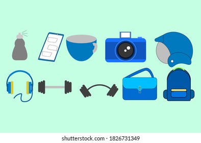 Everyday items used for blue-themed activities and hobbies