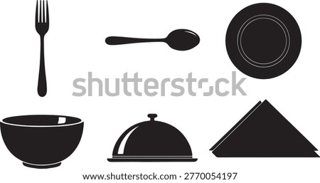 Everyday kitchen and dining utensils including a fork, spoon, plate, bowl, food cloche, and folded napkin.