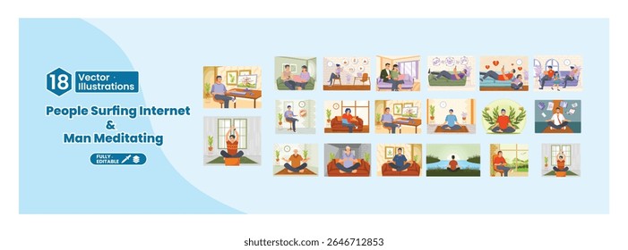 Everyday leisure and work activities. Set of illustrations of people doing yoga, surfing the internet, working. Mega set.