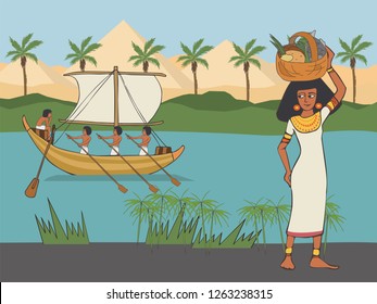 vida diaria en el Egipto inaugural, caricatura de mujer vestida de forma histórica con una canasta de comida en la cabeza en las pirámides y el fondo del río Nilo