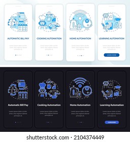 Everyday life automation night, day onboarding mobile app screen. Walkthrough 4 steps graphic instructions pages with linear concepts. UI, UX, GUI template. Myriad Pro-Bold, Regular fonts used