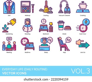 Everyday Life Daily Routine Icons including Afternoon, Alarm, Backpack, Bedroom, Bedtime, Bicycle, Book, Break, Breakfast, Briefcase, Calendar, Car, Checklist, Clean Shoes, Clothes Iron, Coffee, Comb