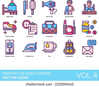 Everyday Life Daily Routine Icons including Afternoon, Alarm, Backpack, Bedroom, Bedtime, Bicycle, Book, Break, Breakfast, Briefcase, Calendar, Car, Checklist, Clean Shoes, Clothes Iron, Coffee, Comb