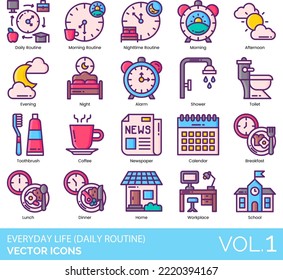 Everyday Life Daily Routine Icons including Afternoon, Alarm, Backpack, Bedroom, Bedtime, Bicycle, Book, Break, Breakfast, Briefcase, Calendar, Car, Checklist, Clean Shoes, Clothes Iron, Coffee, Comb