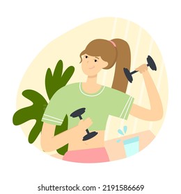 Everyday life, daily routine. Young woman doing sports at home. Flat vector illustration