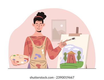 La vida cotidiana del concepto de chica. Mujer con paleta y cepillo cerca de lienzo. Creatividad y arte. Artista en taller. Afiche o pancarta. Dibujo vectorial plano de dibujos animados aislado en fondo blanco