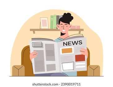 Everyday life of girl concept. Woman with open newspaper. Mass media, information and knowledge. Poster or banner. Cartoon flat vector illustration isolated on white background