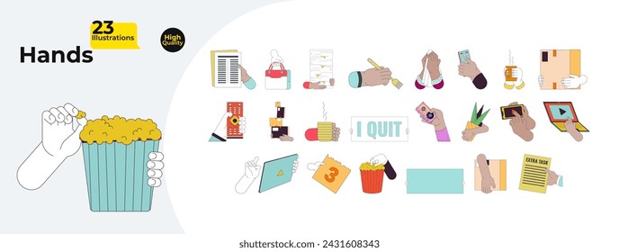 Everyday life linear cartoon hands illustration bundle. Multicultural people outline 2D vector images collection, white background. Hobbies, relaxation, entertainment editable flat color clipart set