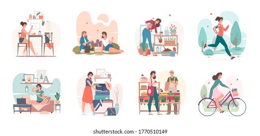 Everyday Life Of Modern Woman In City Doing Various Activities Vector Illustration. Contemporary Young Female Indoor And Outdoor Activities While Living In City. Daily Routine Of Contemporary Woman