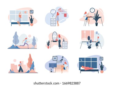 Everyday Life Of Modern Woman. Set Of Vector Illustrations Of Daily Routine Of Contemporary Woman Doing Ordinary Everyday Activities From Morning Till Night At Home And At Work