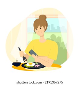 Everyday life, morning routine. A young woman has breakfast at home and takes pictures of the food. Flat vector illustration