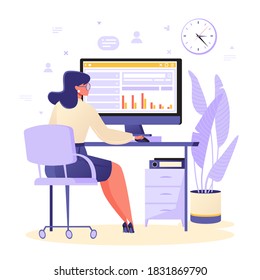 Everyday life of an office worker. Woman sitting at a table and working on a computer. On screen, tasks and graphs of company's growth. Modern office interior.Vector illustration flat cartoon style.