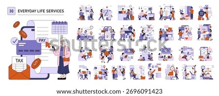 Everyday life services vector illustration showing a person interacting with a digital device for tax and bill payments. Includes icons like a credit card, calendar, and tax envelope.