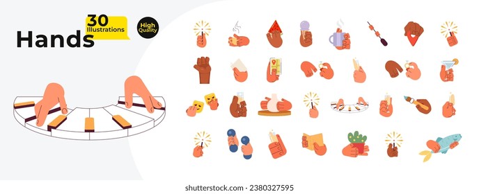 Everyday moments cartoon character hands illustration bundle. Eating and drinking 2D vector images isolated on white background. Hobbies, exercises, practice editable flat clipart color collection