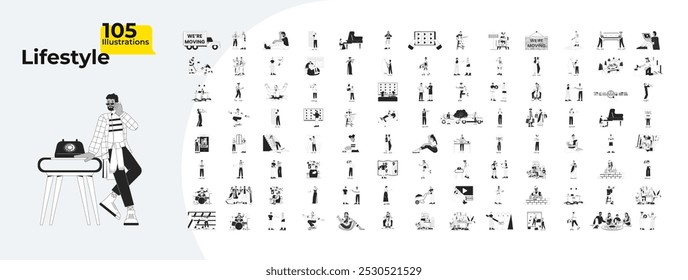 Everyday moments outline illustrations mega bundle. Moving house construction. Streaming tv. Hindu deepawali. Winter hazards 2D linear images isolated. Collection black and white vector drawings