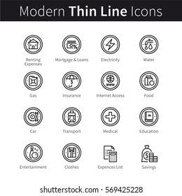 Everyday and monthly expenses, family savings and budget. Thin black line art icons. Linear style illustrations isolated on white.