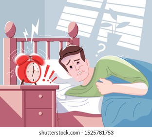 Everyday Morning Stress Flat Vector Illustration. Young Man Waking Up Early, Lying In Bed And Watching On Ringing Alarm Clock Cartoon Character. Feeling Tired And Having Little Energy To Get Up