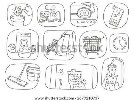 everyday motherhood routine clouds in doodle style. Illustration for banner postcard design print sticker poster background