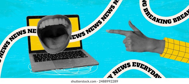 Everyday news retro vintage banner with halftone collage laptop, open mouth and  hand pointing to computer on light blue background. Wrinkled paper effect. Advertising and promotional elements.