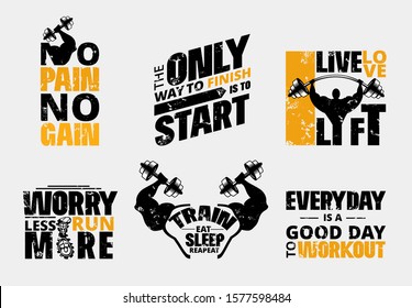 Everyday no pain no gain workout poster set vector illustration. Gym motivational template with barbell and plates of hard metal to make people stronger flat style design. Training concept