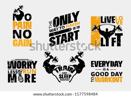 Everyday no pain no gain workout poster set vector illustration. Gym motivational template with barbell and plates of hard metal to make people stronger flat style design. Training concept