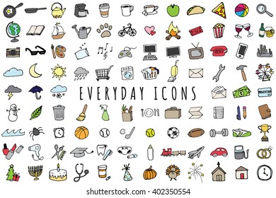 Everyday Objects Icons Set - Sketched Planner and To-Do List Graphics Including Bill Pay, Weather, Chores, Gym, Cooking, Holidays, and Cleaning