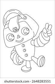 Objetos cotidianos reimaginados como extravagantes robots en blanco y negro, una divertida mezcla de máquinas e imaginación, perfecta para colorear o despertar ideas creativas.
