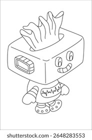 Everyday objects reimagined as quirky robots in black and white line art. A playful blend of machines and imagination, perfect for coloring or sparking creative ideas.