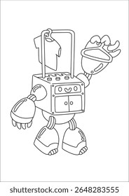 Objetos cotidianos reimaginados como extravagantes robots en blanco y negro, una divertida mezcla de máquinas e imaginación, perfecta para colorear o despertar ideas creativas.