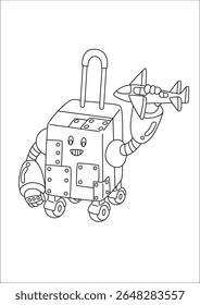 Everyday objects reimagined as quirky robots in black and white line art. A playful blend of machines and imagination, perfect for coloring or sparking creative ideas.