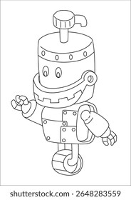 Everyday objects reimagined as quirky robots in black and white line art. A playful blend of machines and imagination, perfect for coloring or sparking creative ideas.