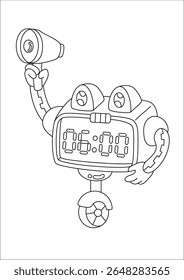 Everyday objects reimagined as quirky robots in black and white line art. A playful blend of machines and imagination, perfect for coloring or sparking creative ideas.
